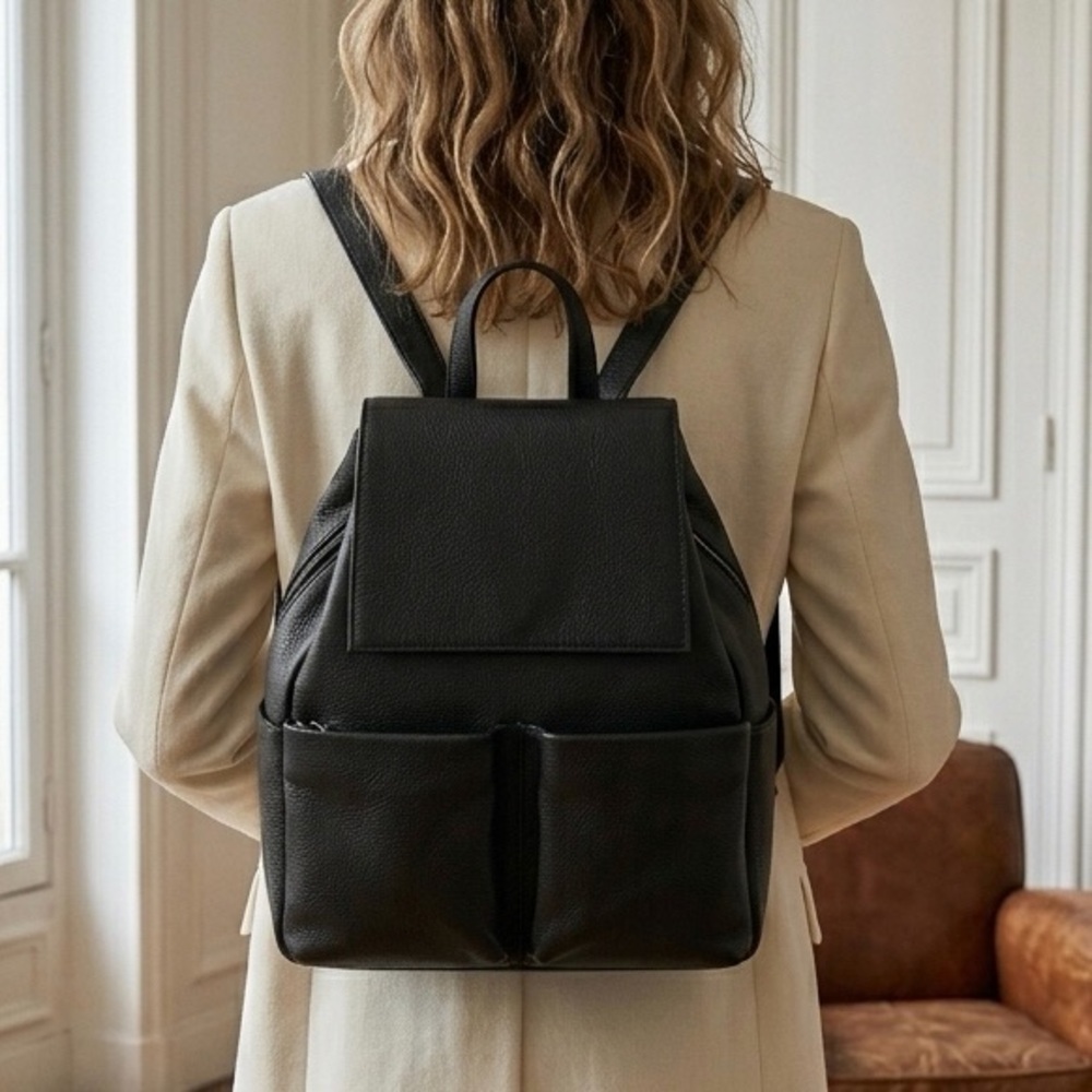 Perlina Black Leather Backpack Drawstring Bag Zippered Pockets